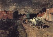 Frits Thaulow Village Night Scene oil